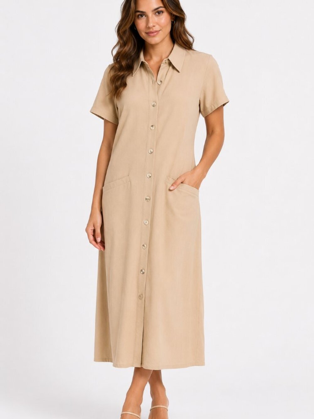 Talbots Petite Button Front Midi Shirt Dress Tan NWT 8P